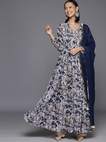 Varanga Women Navy Blue Floral Printed V-Neck Anarkali Kurta Paired With Dupatta